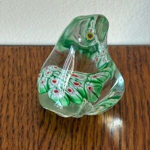 Millefiori Glass Frog Paperweight Figurine  Green Red White Flowers Lillypads